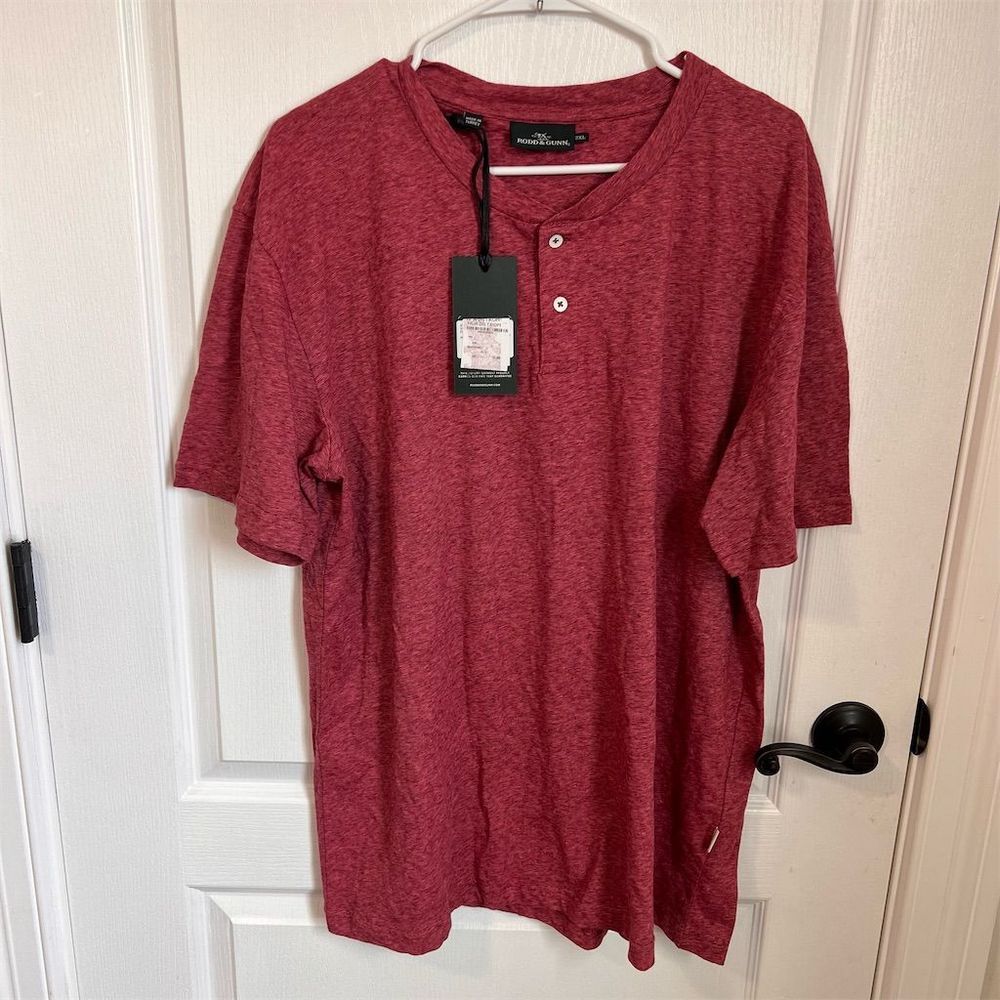 Rodd & Gunn Mens 2XL Raspberry Red Slub Cotton Blend Henley Short Sleeve Shirt